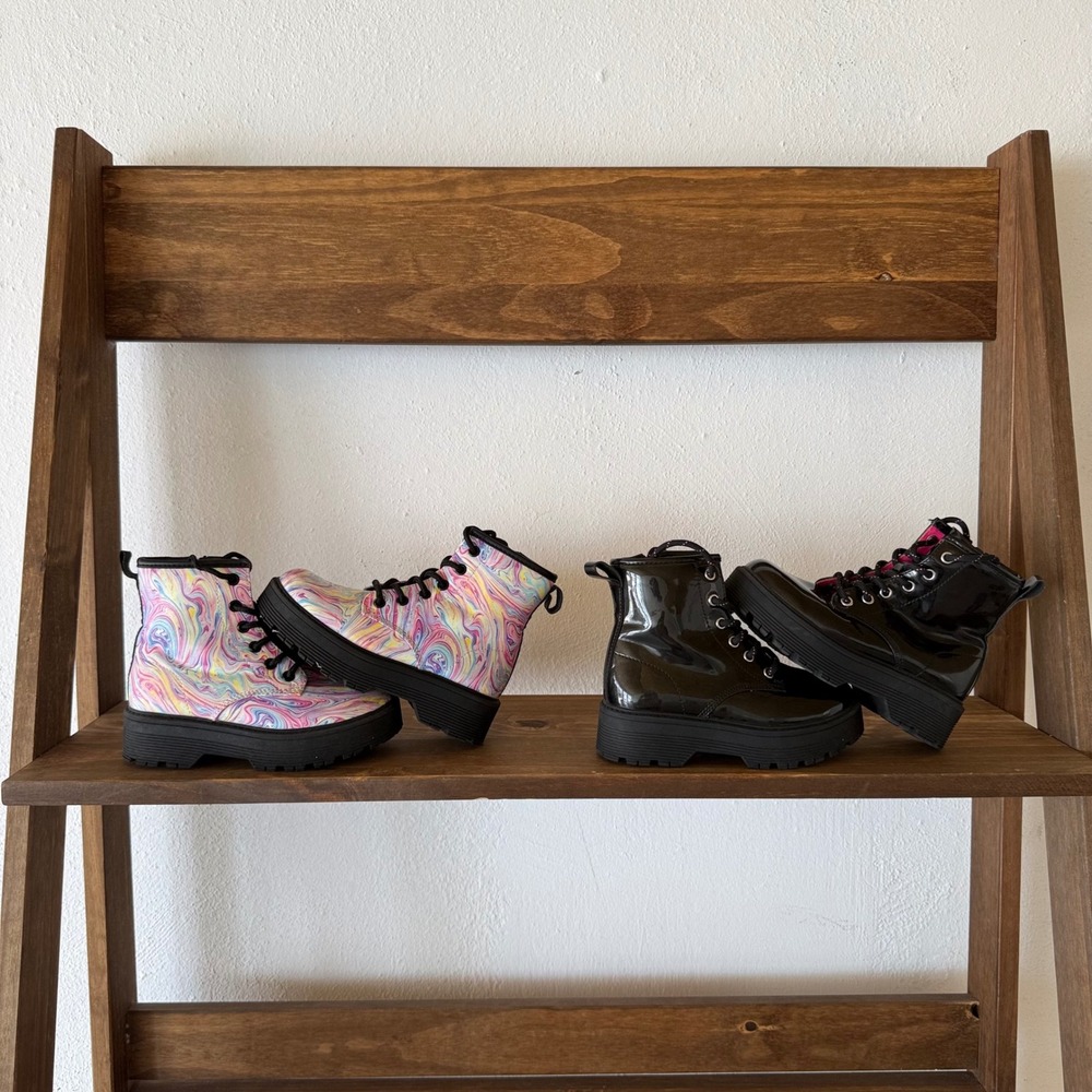 Lot of 2 Skechers Girls Combat Boots Black Patent & Multicolor Marble Size 11